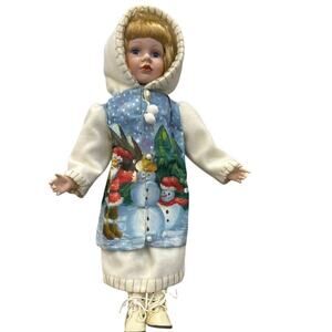 Vintage Hand Painted Christmas Doll Winter Coat Snowman Santa Scene ANCO 2000